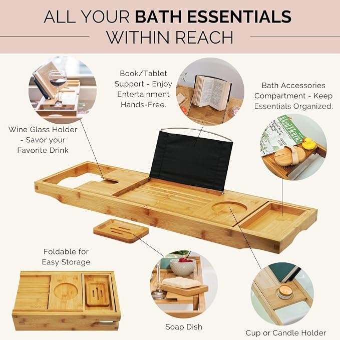 Bath Pillow and Bathtub Tray Set for Tub | Luxurious, Relaxing Home Spa Accessories with Bath Tub Pillows for Head and Neck, Foldable Bath Tray Caddy Organizer | Relaxation Gifts for Women Self Care
