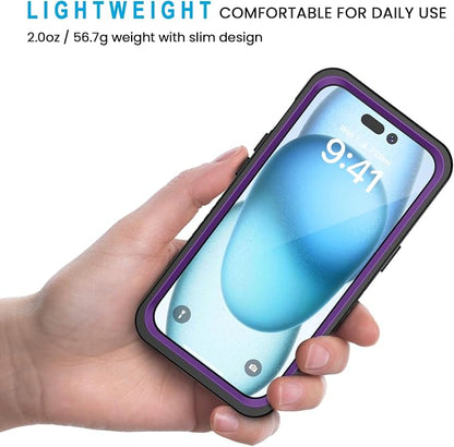 Lanhiem for iPhone 15 Case, IP68 Waterproof Dustproof Shockproof Cases with Built-in Screen Protector, 360 Full Body Protective Heavy Duty Rugged Phone Cover for iPhone 15-6.1 inch (Purple)