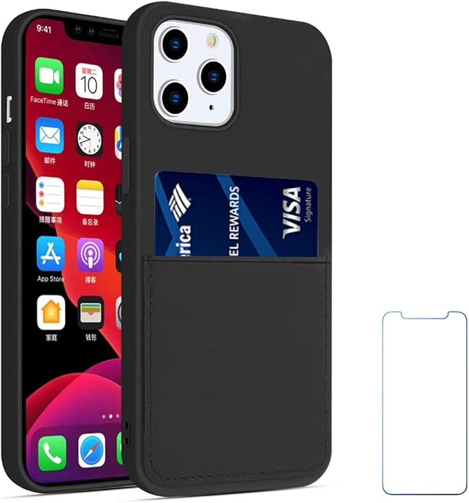 Ultra Slim Liquid Silicon Gel Case Compatible with iPhone 12,for iPhone 12 Pro 6.1 inch 2020 with Card Holder Sleeves Slot Anti-Scratch Shockproof Wallet Cover with Screen Protector (Black)