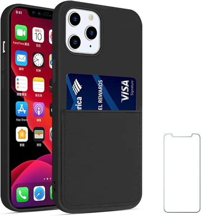 Ultra Slim Liquid Silicon Gel Case Compatible with iPhone 12,for iPhone 12 Pro 6.1 inch 2020 with Card Holder Sleeves Slot Anti-Scratch Shockproof Wallet Cover with Screen Protector (Black)