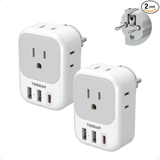 TESSAN 2 Pack Type E F Plug Adapter, Schuko Plug | 3 USB Charger (1 USB C PD 20W), 4 Outlets, Germany France Power Travel Adaptor