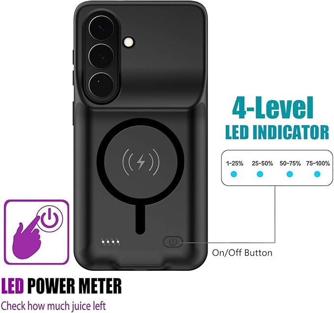 Wireless Charging Case for Galaxy S26, Upgraded 10000mAh Rechargeable Portable Charging Case Compatible with Galaxy S26 (6.3 inch) with Carplay Extended Battery Pack Charger Case (Black)