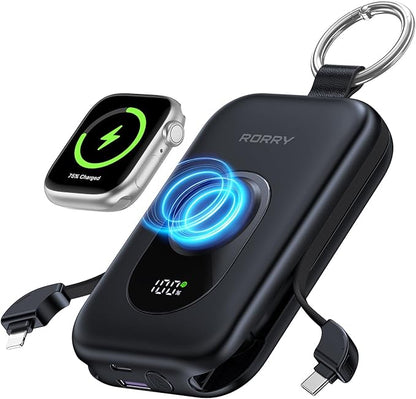 RORRY Portable Charger, 20000mAh PD 30W Portable Charger Power Bank with 2 Built-in Cables, Super Fast Charging Battery Pack with Keychain, Travel Essentials for iPhone, Apple Watch, iPad, Black