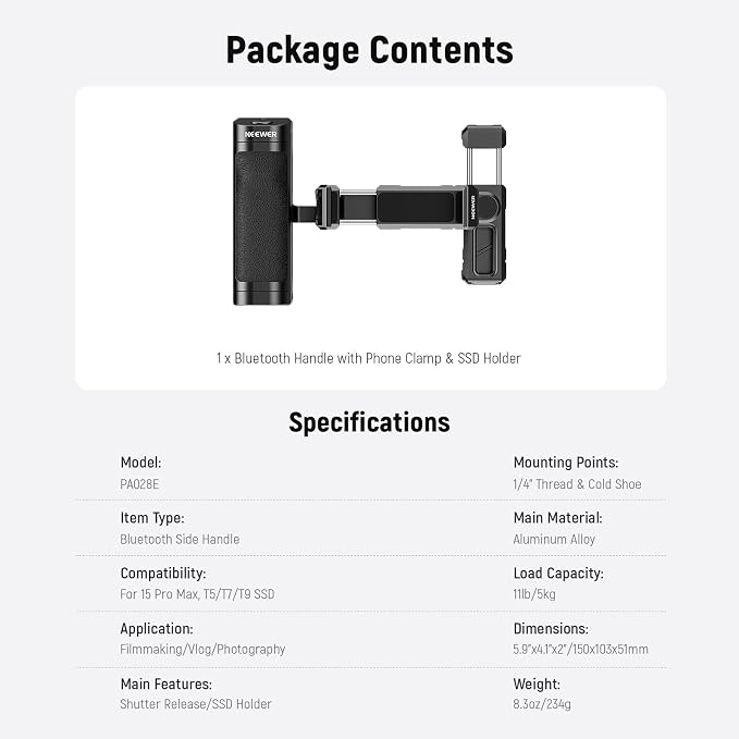 NEEWER Bluetooth Side Handle Shutter Release with 2.2"-3.2"/55-82mm 360° Phone Clamp & SSD Holder, Cold Shoes, 100mAh Rechargeable Battery Compatible with iPhone Samsung T5/T7/T9 SSD, PA028E