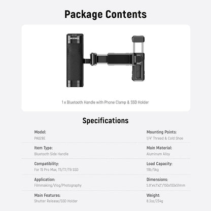 NEEWER Bluetooth Side Handle Shutter Release with 2.2"-3.2"/55-82mm 360° Phone Clamp & SSD Holder, Cold Shoes, 100mAh Rechargeable Battery Compatible with iPhone Samsung T5/T7/T9 SSD, PA028E