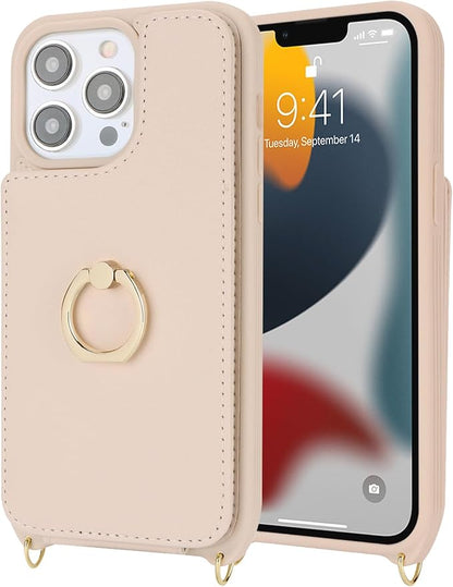 Lipvina for iPhone 13 Pro Max/iPhone 12 Pro Max Case with Card Holder for Women,Crossbody Strap Lanyard,Credit Card Holder,Ring Stand,Snap Clasp,Wallet Case 6.7 inch (Beige)