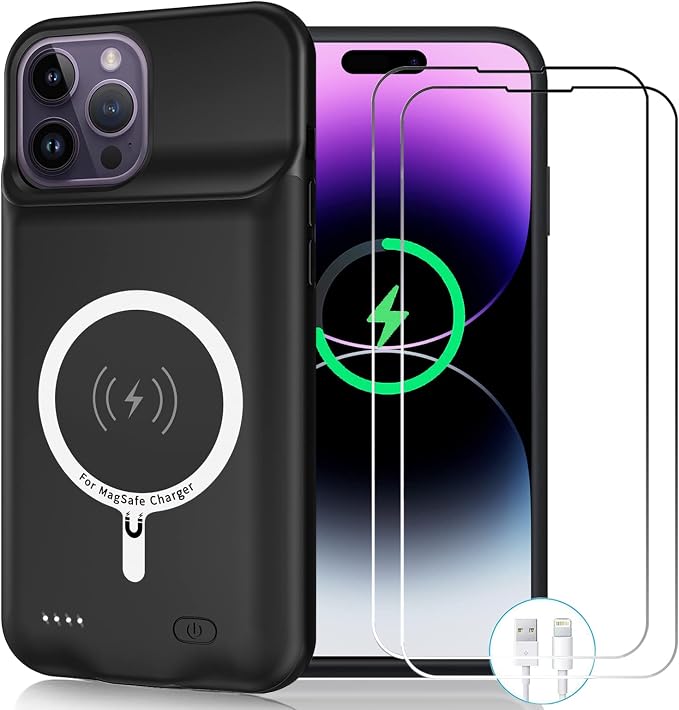 Wireless Charging Case for iPhone 14 Pro Max, 12000mAh High Capacity Portable Rechargeable Battery Case Qi Wireless Charging with iPhone 14 Pro Max (6.7 inch) Extended Battery Charger Cover (Black)