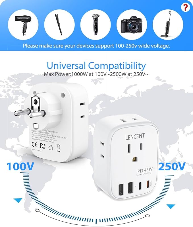 LENCENT Germany France Travel Power Adapter, PD 45W USB C Fast Charger | Schuko Type E F Plug Adapter with 4 Outlets, Travel Essentials for US to Europe EU Spain Greece Russia Germany South Korea