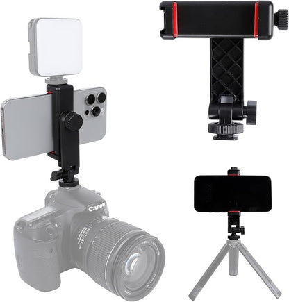 Phone Tripod Mount Adapter, with Cold Shoe&1/4" Hole for Tripod/Selfie Stick/Camera Stand, 360° Rotates Adjustable Phone Clip Clamp Holder for iPhone/Samsung/All