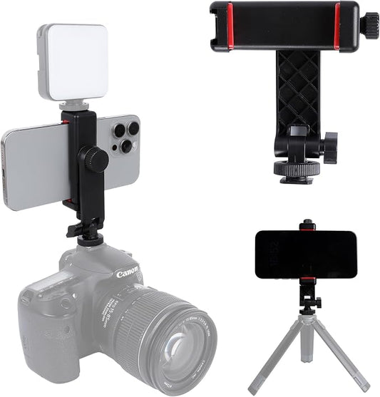 Phone Tripod Mount Adapter, with Cold Shoe&1/4" Hole for Tripod/Selfie Stick/Camera Stand, 360° Rotates Adjustable Phone Clip Clamp Holder for iPhone/Samsung/All