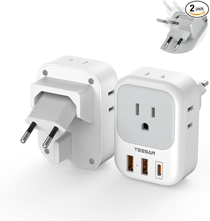 TESSAN US to European Plug Adapter 2 Pack, Type C Travel Adapter with Multi Outlets and USB Ports, Power Adaptor for USA to Europe EU Italy, Type C Foldable Plug