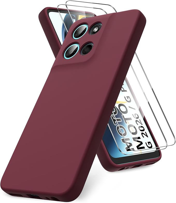 for Motorola Moto G 2026/G Play 2026 Case, 2 Pack Tempered Glass Screen Protectors, Soft TPU Liquid Silicone Shockproof Gel Cover-Burgundy