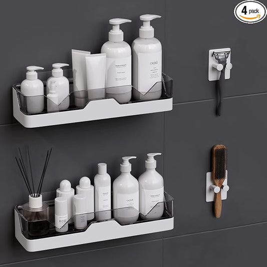 2-Pack Adhesive Shower Caddy, Shower Shelves with Hooks, No Drilling Shower Racks for inside shower & Kitchen Storage