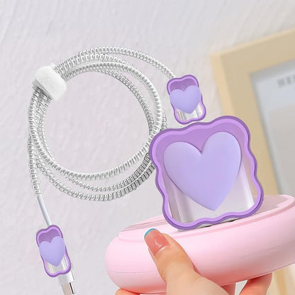 CameCosy Phone Charger Storage Case Set with Purple 3D love Heart Carrying Cover Bag kawaii Cute DIY Cable Protector charger accessories USB line Travel Cable Organizer,Compatible for iPhone