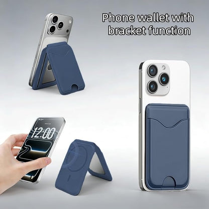 Upgraded for Magsafe Wallet, Strong Magnetic Phone Wallet with Adjustable Stand, Built in Makeup Mirror, 5 Card Holder, RFID Blocking (Deep Blue Fold)