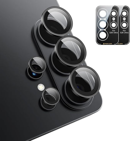MAGIC JOHN for Samsung Galaxy S26 Ultra Camera Lens Screen Protector [Alignment Kit&1:1 Invisible Fit] 9H Aerospace Tempered Glass, Ultra HD, Metal Individual Ring, Set of 2,Black