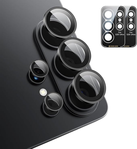MAGIC JOHN for Samsung Galaxy S26 Ultra Camera Lens Screen Protector [Alignment Kit&1:1 Invisible Fit] 9H Aerospace Tempered Glass, Ultra HD, Metal Individual Ring, Set of 2,Black
