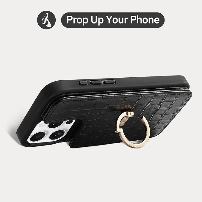 CUSTYPE Compatible with iPhone 17 Wallet Case with Card Holder,180°Ring Holder Kickstand Card Slots Case,PU Leather Protective Case for iPhone 17 6.3 inch-Black