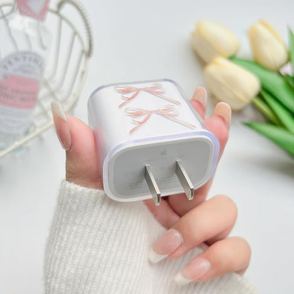 Lovmooful Compatible for iPhone 18W/20W USB-C Charger Cover Clear Lovely Bowknot Design Soft Charger Protector Cute Cable Case Saver Protector for Girls Women-Pink Bow