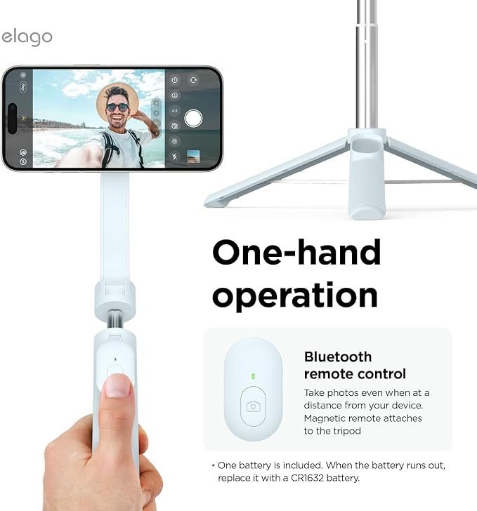 elago Magnetic Selfie Stick Tripod Compatible with MagSafe for iPhone and Galaxy, Strong Magnetism, Portable, Lightweight, Extendable [Pouch, Bluetooth Remote, Guide Sticker Included] [Light Blue]