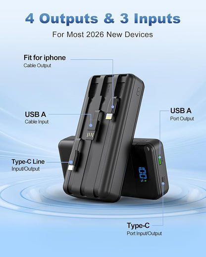 Portable Charger 40000mAh Power Bank - PD 22.5W Fast Charging Battery Pack, Built-in Cable Phone Charger 4 Output 3 Input, Compatible with iPhone 16 15 14 13 Android | Built-in Cable, 4 Output 3 Input, Digital Display, Compatible with iPhone 17 16 15 1...