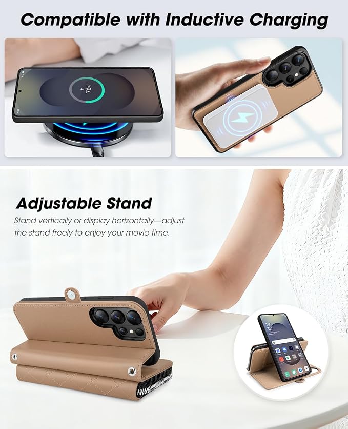 OCASE for Samsung Galaxy S26 Ultra Crossbody Detachable Wallet Case, PU Leather Handbag Phone Purse with Zipper Closure, Card Slots & RFID Blocking, Wrist Strap, Lanyard, Kickstand, Khaki