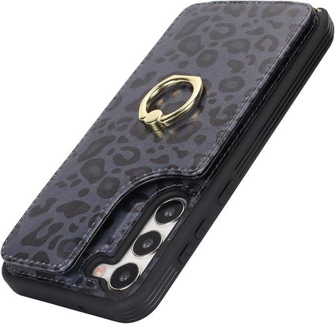 Lipvina for Samsung Galaxy S22 Case with Card Holder and Strap for Women,Crossbody Lanyard,RFID Blocking,Ring Stand,Snap Clasp,Cute Phone Wallet Cases 6.1 inch(Black Leopard)