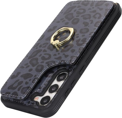 Lipvina for Samsung Galaxy S22 Case with Card Holder and Strap for Women,Crossbody Lanyard,RFID Blocking,Ring Stand,Snap Clasp,Cute Phone Wallet Cases 6.1 inch(Black Leopard)
