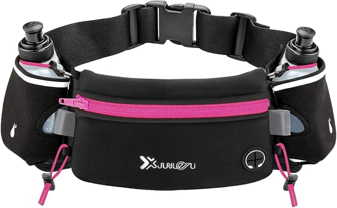 Number-one Running Belt with Water Bottles(2 x 175ML), Hydration Belt Waterproof Waist Pack Bag Fits iPhones Adjustable Sports Waist Pouch for Marathon Running Hiking Cycling, Rose Red