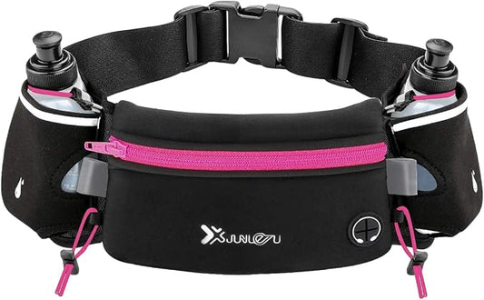 Number-one Running Belt with Water Bottles(2 x 175ML), Hydration Belt Waterproof Waist Pack Bag Fits iPhones Adjustable Sports Waist Pouch for Marathon Running Hiking Cycling, Rose Red