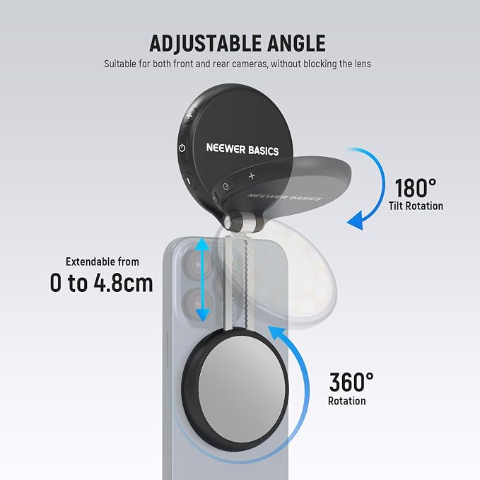 NEEWER Basics Magnetic LED Selfie Light Compatible with MagSafe iPhone, Desk Stand Phone Holder with Makeup Mirror 1160lx/0.2m 900mAh CRI95 Fill Lighting for Video Recording Streaming, Black NL48R