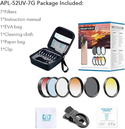 Apexel 52mm Filter Lens Kit (Graduated Filter Lens-Red Orange Yellow Blue, CPL, ND32, Star Lens-6 Point) for Smartphone Camera Canon Nikon Sony Olympus