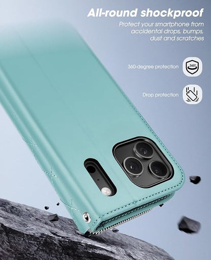 OCASE for iPhone 17 Pro Crossbody Wallet Case - Stylish PU Leather Handbag Phone Purse with Zipper Closure, Card Slots & RFID Blocking - Wrist Strap, Lanyard, Kickstand - Diamond Check Green