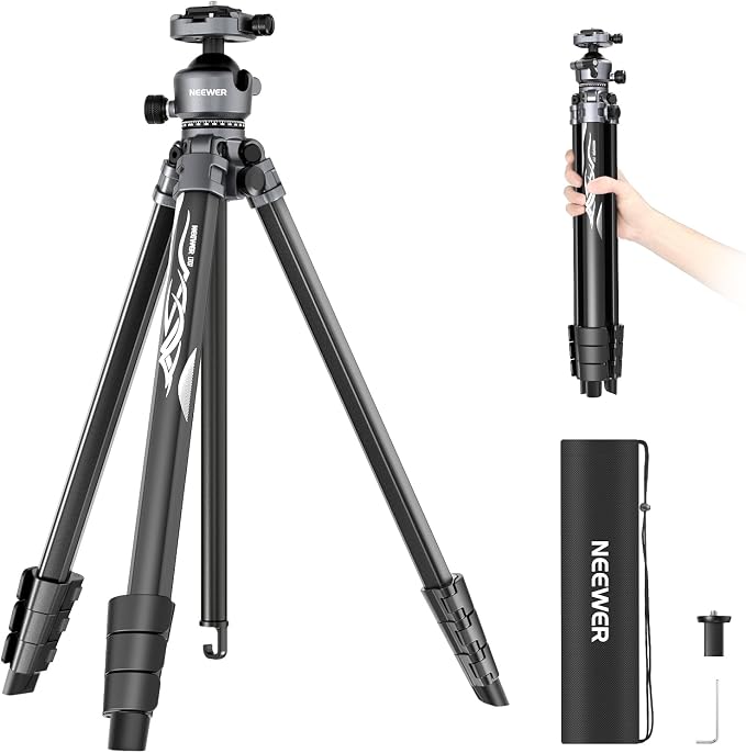NEEWER LITETRIP LT07 61" Aluminum Travel Tripod Stand for Camera with Pan Tilt Low Profile Ball Head, Arca QR Plate Compatible with PD, Dual Center Axis, Max Load 22lb