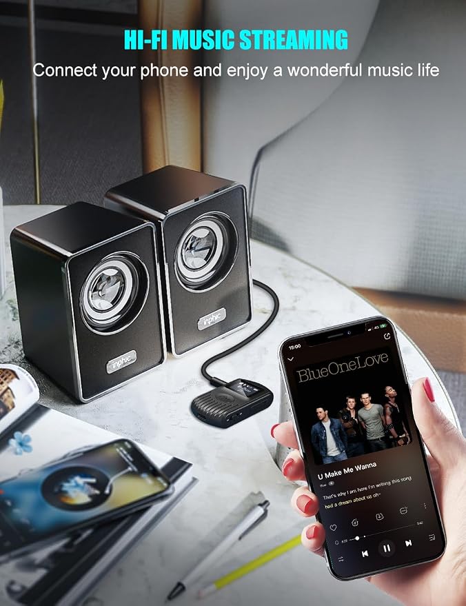 COMSOON Bluetooth Receiver with LCD Screen, Portable 3.5mm AUX Bluetooth 5.0 Adapter for Car/Home Stereo/Speaker/Wired Headphones, Noise Cancelling/Hands-Free Calling/Music Streaming-Black