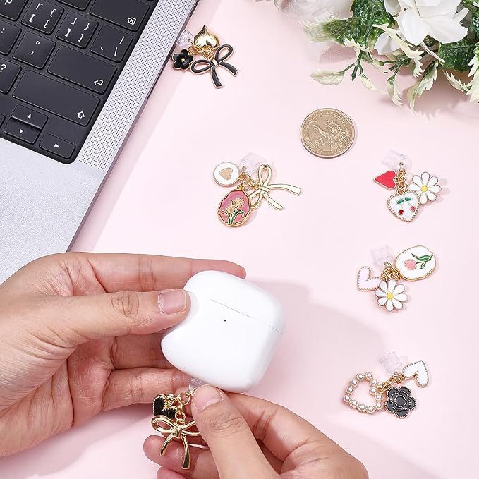 6Pcs 6 Styles Charms for Kindle Heart Bow Flower Design Dust Plug Charm Compatible with Kindle E-Reader Phone Type C Charging Ports Gifts for Book Lover Readers Men Women