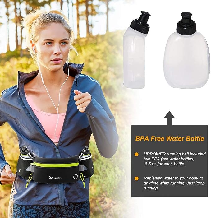 Number-one Running Belt with Water Bottles(2 x 175ML), Hydration Belt Waterproof Waist Pack Bag Fits iPhones Adjustable Sports Waist Pouch for Marathon Running Hiking Cycling
