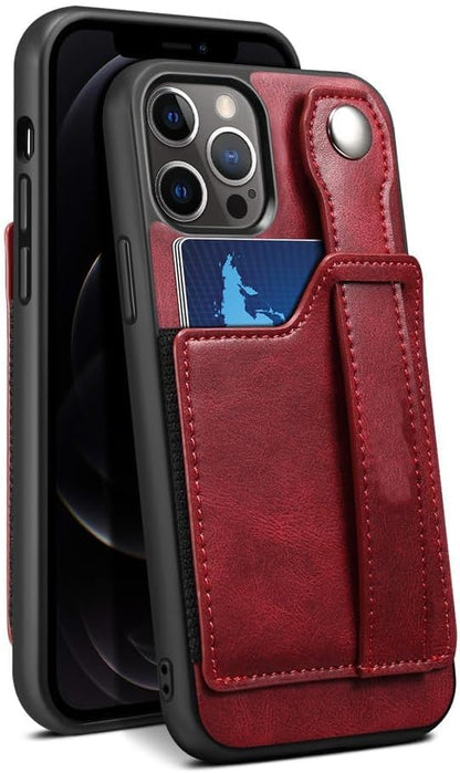 Wallet Case for iPhone 16/16 Pro/16 Plus/16 Pro Max, Silicone Frame Cover with Wrist Strap, Card Slots and Stand, Anti-Fall Shell,16,Red