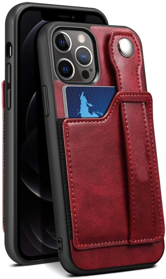 Wallet Case for iPhone 16/16 Pro/16 Plus/16 Pro Max, Silicone Frame Cover with Wrist Strap, Card Slots and Stand, Anti-Fall Shell,16,Red