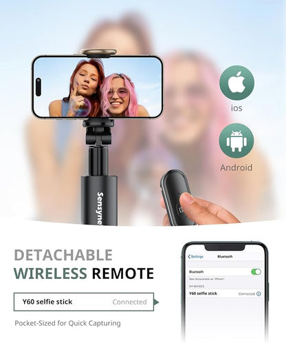 Sensyne 68" Phone Tripod & Selfie Stick, Lightweight All in One Phone Tripod Integrated with Wireless Remote Compatible with All Cell Phones for Selfie/Video Recording/Photo/Live Stream/Vlog（Black）