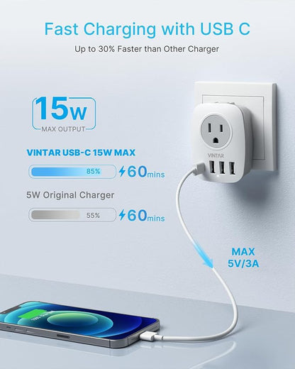 US to Japan Plug Adapter, VINTAR Japan Travel Power Adapter with 2 AC Outlets, 3 USB and 1 USB C Ports, 2 Prong to 3 Prong Outlet Adapter for US to Japanese China Canada Philippines, Type A, 2 Pack
