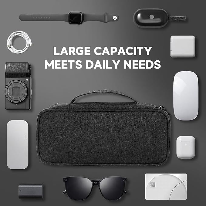 Teskyer Tech Organizer Pouch with Handle, Black | Water-Resistant Fabric, Adjustable Dividers, Multiple Compartments, Protective Lining, Travel and Office Use