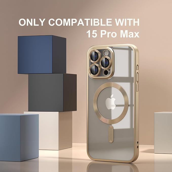 Misea Magnetic for iPhone 15 Pro Max Case [Never Yellowing] [Military Grade Drop Protection] Full Camera Lens Protector Soft Clear Phone Case for Women Girls, Titanium Gold