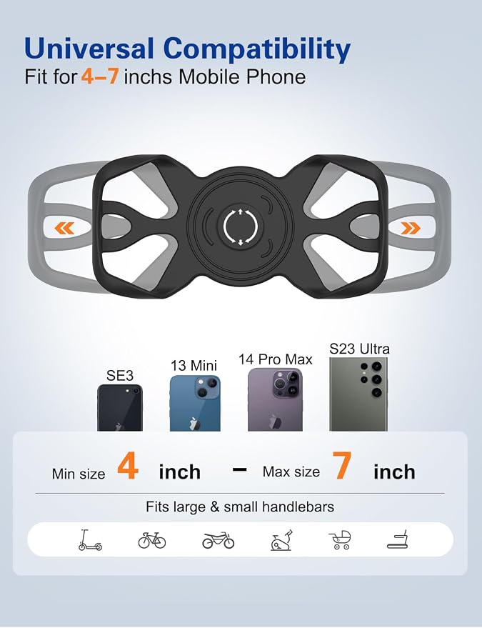 Bike Phone Holder, Motorcycle Cell Phone Mount- 360° Rotatable, Silicone Bicycle Phone Mount for Motorcycle Bicycle Scooter, for 15 Pro Max / 14/13, S10 and More 4.7-6.8" Phone