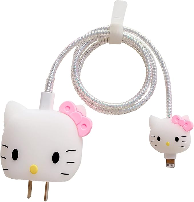 3D Cute Cartoon Wall Charger Protector Case - Compatible for Apple 20W USB-C Power Adapter and Lightning Cable No.01(4in1)