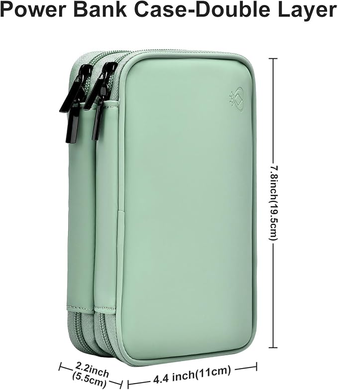 Portable Charger Organizer Travel Case Shockproof Power Bank Bag for Anker/Jackery/RAV/20000mAh Power Bank Leather Waterproof Electronic Case for PowerCore (Light Green, Double Layer)