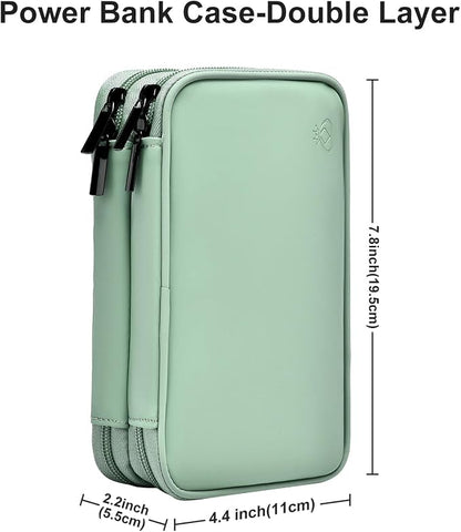 Portable Charger Organizer Travel Case Shockproof Power Bank Bag for Anker/Jackery/RAV/20000mAh Power Bank Leather Waterproof Electronic Case for PowerCore (Light Green, Double Layer)