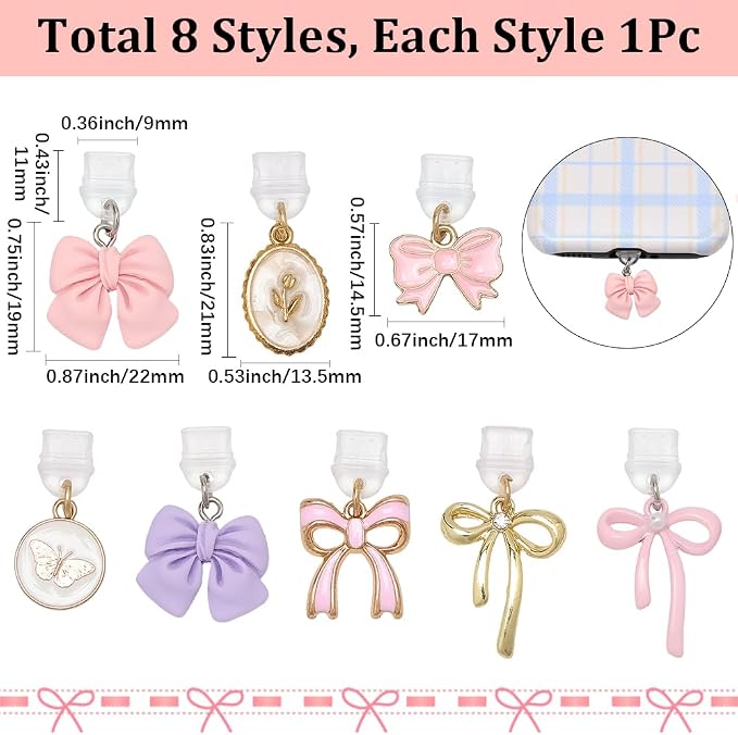 8Pcs Dust Plug Charm Type C Pink Bow Butterfly Compatible with Kindle E-Reader Phone Charging Ports Gift for Book Lover Readers Men Women Teachers Students