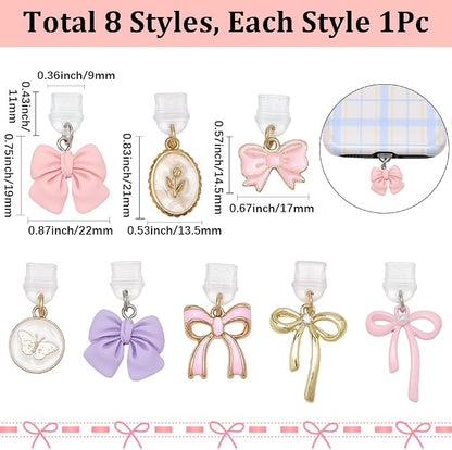8Pcs Dust Plug Charm Type C Pink Bow Butterfly Compatible with Kindle E-Reader Phone Charging Ports Gift for Book Lover Readers Men Women Teachers Students