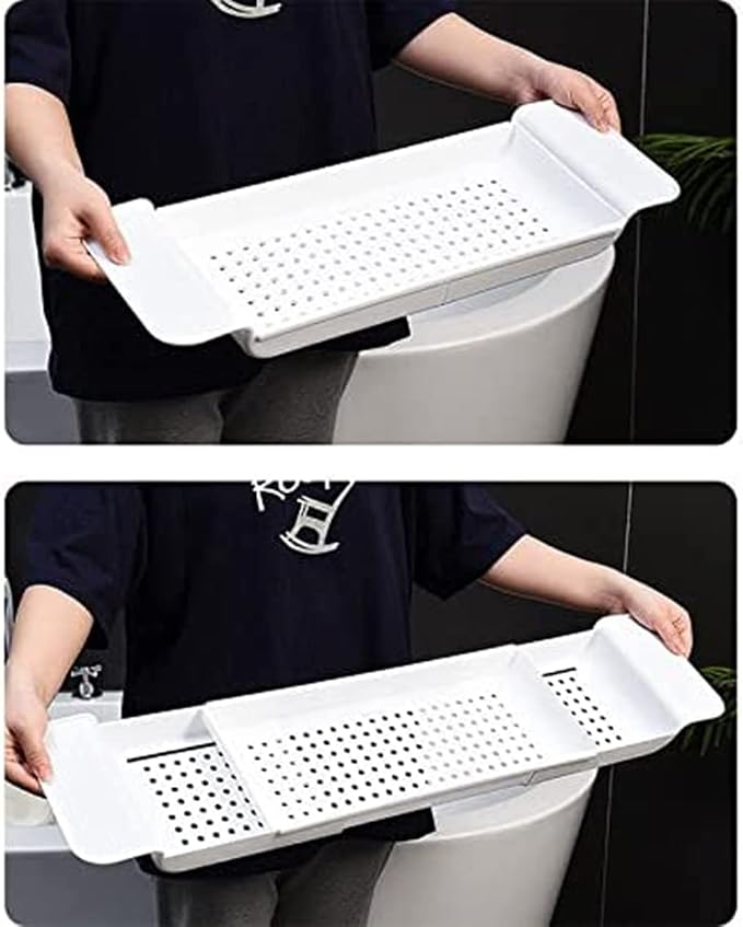 Bathtub Caddy Tray, Expandable Bath Shelf, Adjustable Size from 21.9 to 31 inches Plastic Bathtub Storage Rack, Bathtub Accessories & Bathroom Gadgets, Bath Tub Tray for Kitchen Bathroom (White)